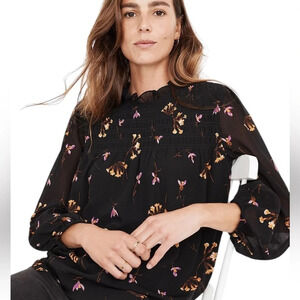 Madewell Georgette Ruffle-Collar Smocked Top in Falling Freesias
